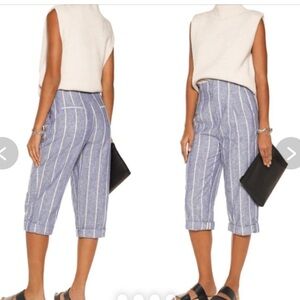 ALICE+OLIVIA High Rise Stripe Wide
Leg Cropped Linen Cotton Pants Size 6
Blue